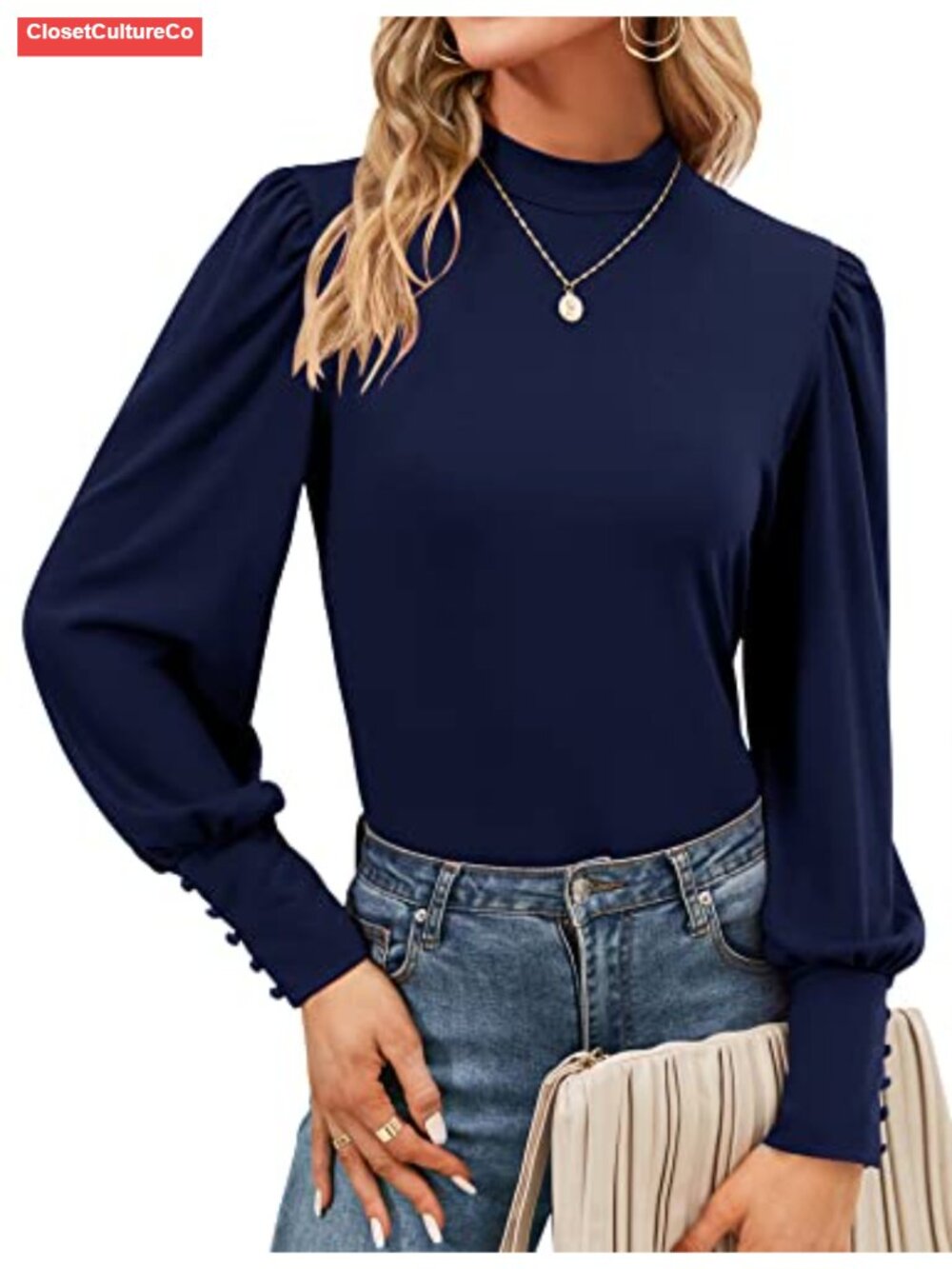 Womens Mock Neck Puff Long Sleeve Blouse Button Cuff Tunic Top